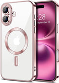 Hython Magnetic Clear for iPhone 16 Case with Camera Lens Protector [Compatible with MagSafe] Luxury Plating Edge Slim Soft TPU Cover Protective Phone Case for iPhone 16 6.1", Pink
