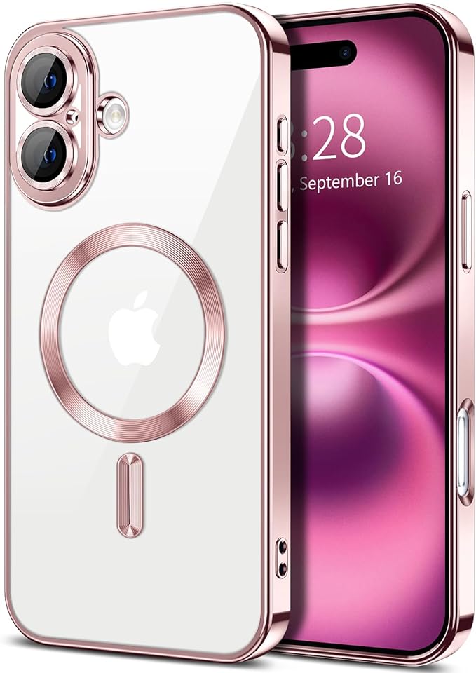 Hython Magnetic Clear for iPhone 16 Case with Camera Lens Protector [Compatible with MagSafe] Luxury Plating Edge Slim Soft TPU Cover Protective Phone Case for iPhone 16 6.1", Pink