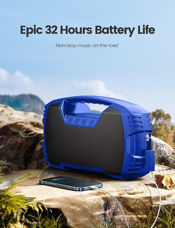 IPX7 Waterproof Outdoor Bluetooth Speaker, Wireless, 90W(Peak), 32H Playtime, Floating Design, Deep Bass & Loud Stereo Sound, Portable with Handle, Rugged for Pool, Beach, Kayaking, Hiking, Blue
