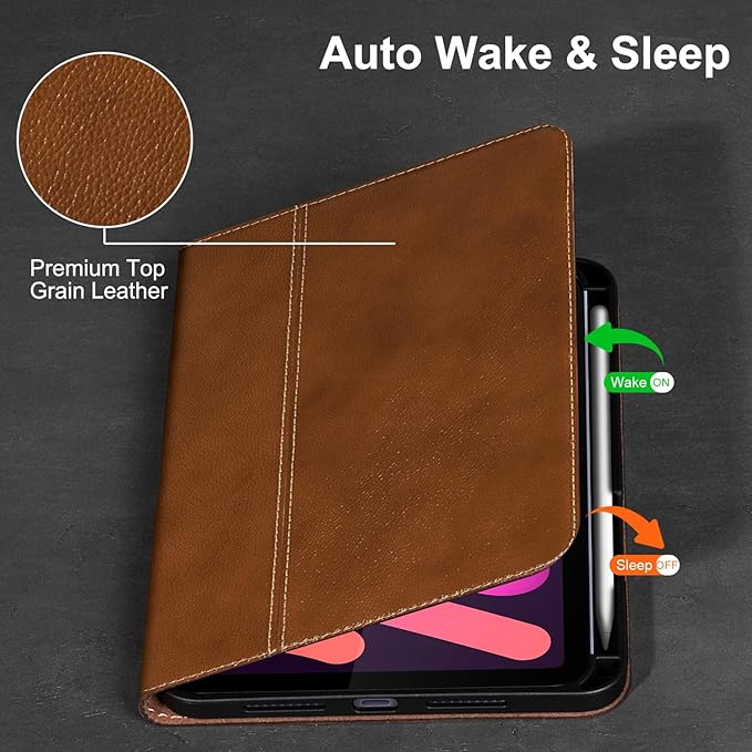 Gexmil Leather Case for iPad mini 7 (A17 Pro) 2024 / iPad mini 6 Generation 2021 8.3 Inch,Premium Cowhide Cover with Pencil Holder,Adjustable Stand, Auto Wake/Sleep,Yellow Brown