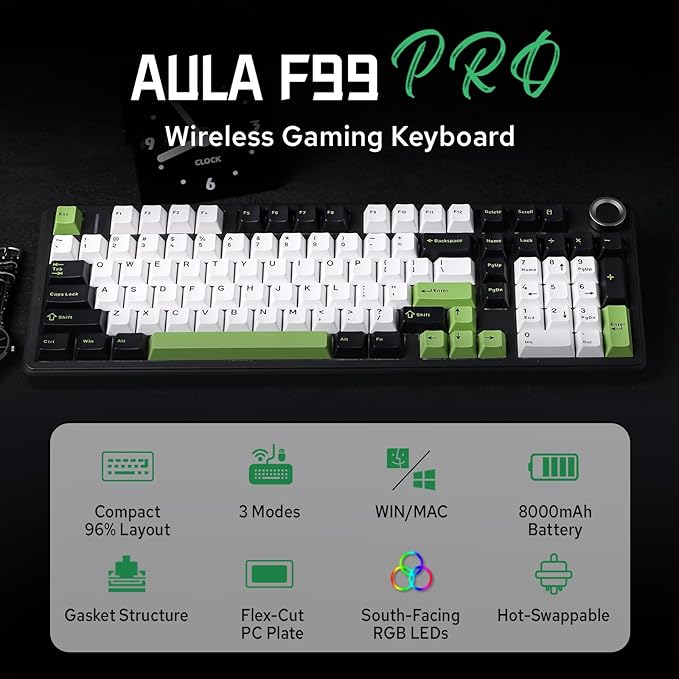 MechLands Aula F99 PRO 96% Mechanical Gaming Keyboard, BT5.0/USB-C/2.4GHz Wireless, Hot Swappable Gasket Custom Keyboard with 8000mAH Battery, Rotary Knob, RGB Backlit for Win/Mac (Black Green)