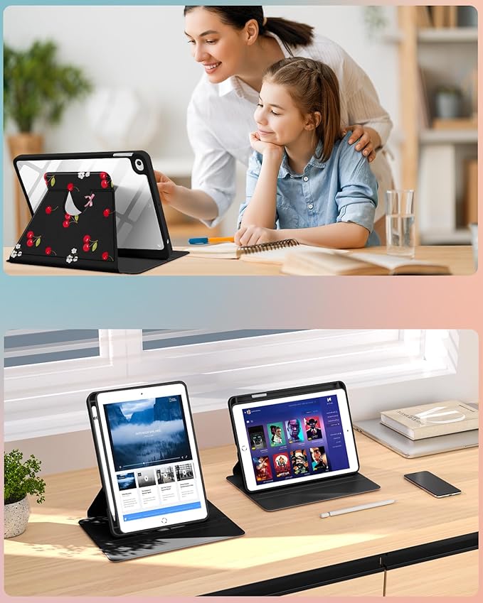 Uppuppy for iPad mini 4 Case for iPad mini 5th Generation Case - 360 Rotating Stand Folio Smart Cover with Pencil Holder for Women Girls, Cherry Bow Flowers for Apple Tablet Mini 7.9 inch 2019/2015