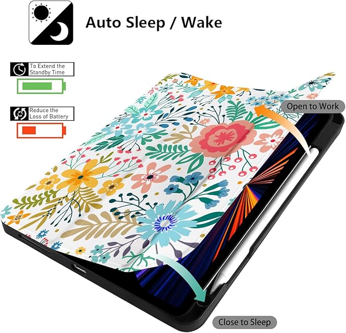 DONGKE Case for iPad Pro 12.9 inch 6th Generation 2022, Built-in Pencil Holder + Trifold Stand + Auto Wake/Sleep + Protective Cover for iPad Pro 12.9 5th/4th/3rd Gen - Flower