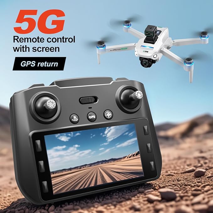 GPS Drone With Screen On Controller, Auto Go Home, 4K EIS Camera, One Click Return, Tracking Function, Speed Adjustment, LED Lights, 5G WiFi Image Transmission, Gesture Shooting, Optical Flow Positioning, Headless Mode, Dual Cameras, Automatic Return W...