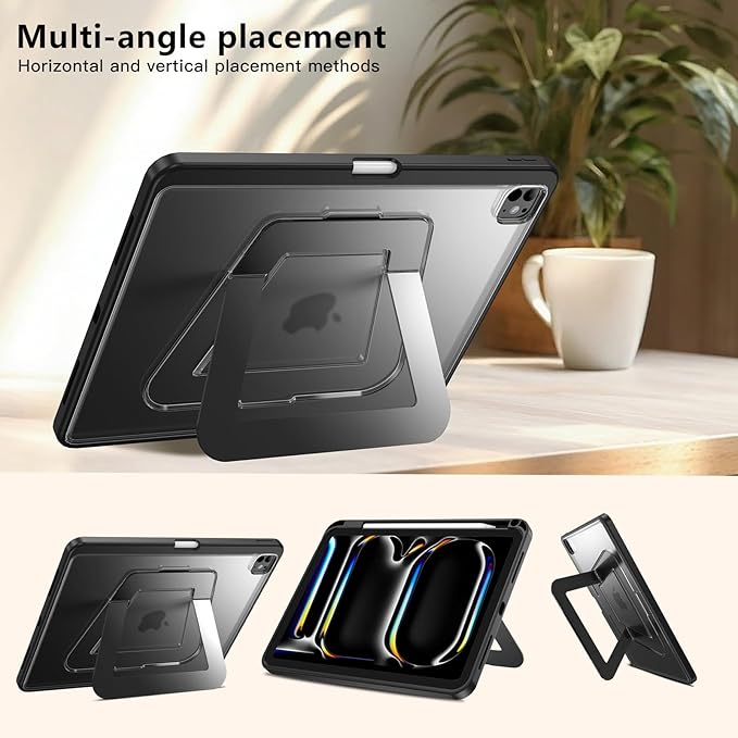 Case for iPad Pro 13 Inch M4(2024) with Multi-Angle Ultra Stable Stand, Built-in Pencil Holder, Duty Shockproof Case, Slim Frosted Protective Kickstand Cover for iPad Pro 13 Case, Black