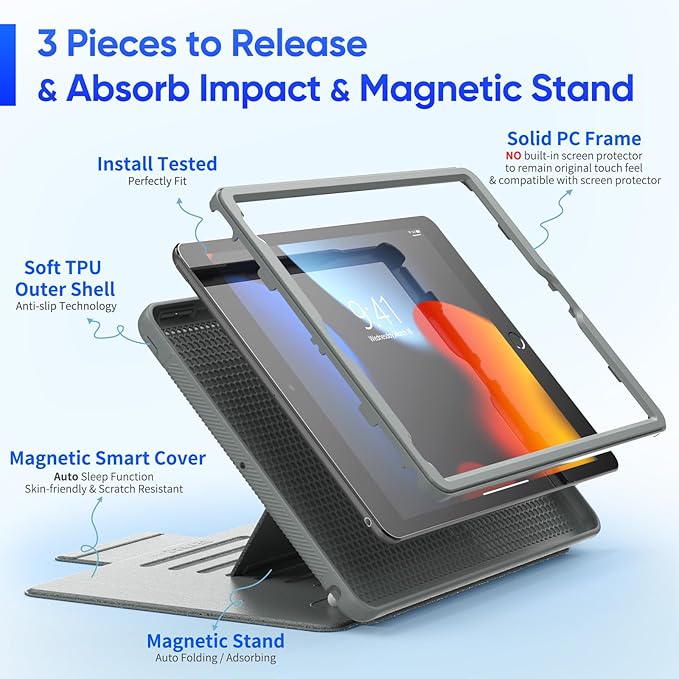 SEYMAC stock Case for iPad 9th/8th/7th Generation 10.2'', Strong Magnetic Auto Sleep Shockproof Case with Absorbing Multi-Angles Stand, Pen Holder, Card Slot (Gray)