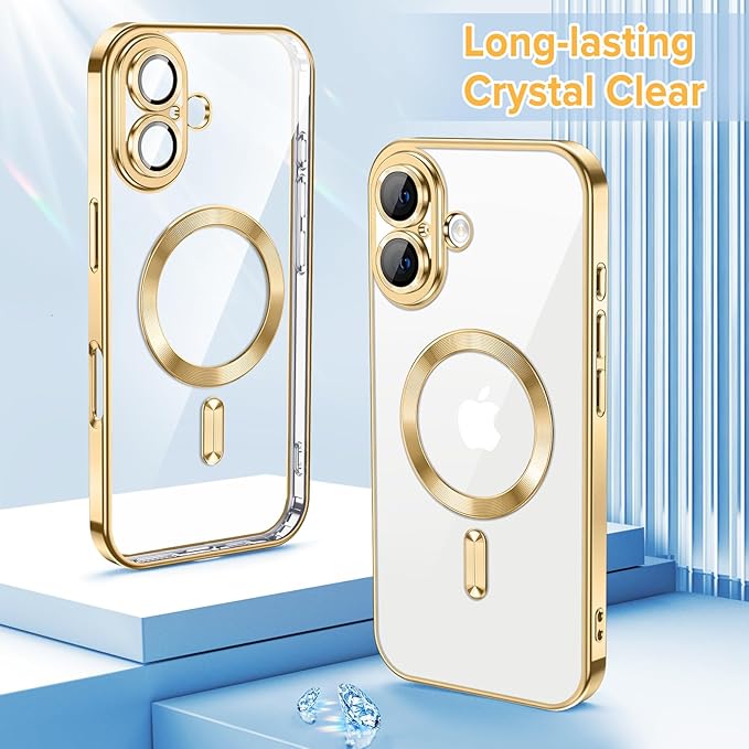 Hython Magnetic Clear for iPhone 16 Plus Case with Camera Lens Protector [Compatible with MagSafe] Luxury Plating Edge Slim Soft TPU Cover Protective Phone Case for iPhone 16 Plus 6.7", Gold
