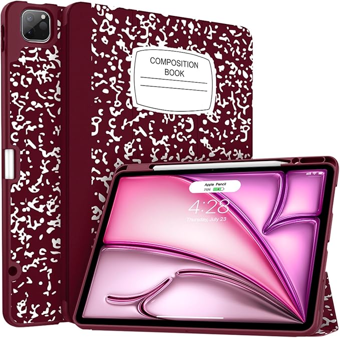 Soke Case for iPad Air 13 Inch (M4/M3/M2,2026-2024), iPad Pro 12.9" 6th/5th Generation with Pencil Holder(2021 2022 Release)-[Apple Pencil Charging + Auto Wake/Sleep] Soft Back Cover, Book Wine