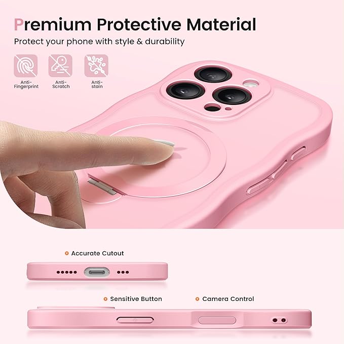 CAPRARO for iPhone 16 Pro Max Case with 360° Spin Magnetic Stand for Women, [Compatible with MagSafe] [Full Camera Protection] Cute Wave Translucent Matte Case for iPhone 16 Pro Max, Peach Pink