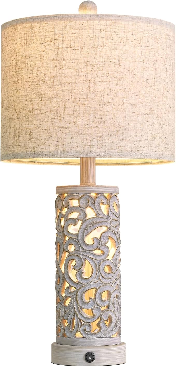 OYEARS 22'' Farmhouse Table Lamp for Living Room, Bedside Lamp with 2 USB Ports for Bedroom, Rustic Nightstand Lamp with Linen Lampshade for Office Hallway Home Decor, Distressed Grey (Bulb Included)