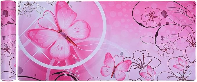 Large XXL Mat Gaming Mouse Pad Extended Full Desk Pad Pink Cute Mouse Pad with Waterproof Surface-Optimized Gaming Surface,Non-Slip Rubber Base Sticthed Edge Mousepad (35"x15.55"x0.08")-Pink Butterfly