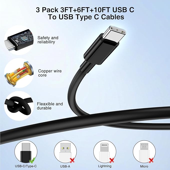Hzevn 60W USB C Quick Wall Charger Block for Galaxy S26 Android Phones, 3Pack Super Fast Charger Adapter with Bulk 3/6/10FT Long USB C Charging Cable Cords for Samsung Galaxy S26+/S25/S24/S23 Ultra