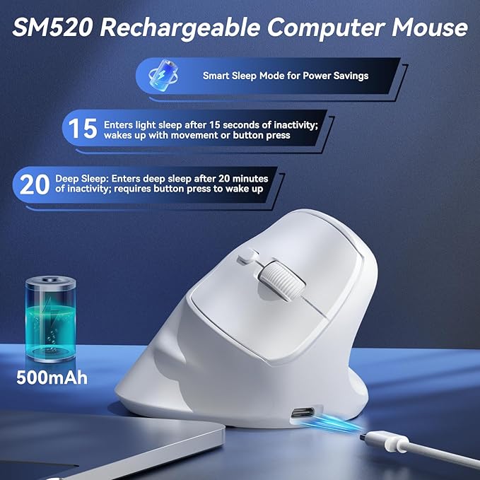 SOLAKAKA SM520 Ergonomic Mouse with 24000 DPI, Vertical Mouse with Programmable Side Button, Wireless Mouse with Tri-Mode Connection - BT5.0/USB-C/2.4GHz, for Desktop, PC, Laptop (White)