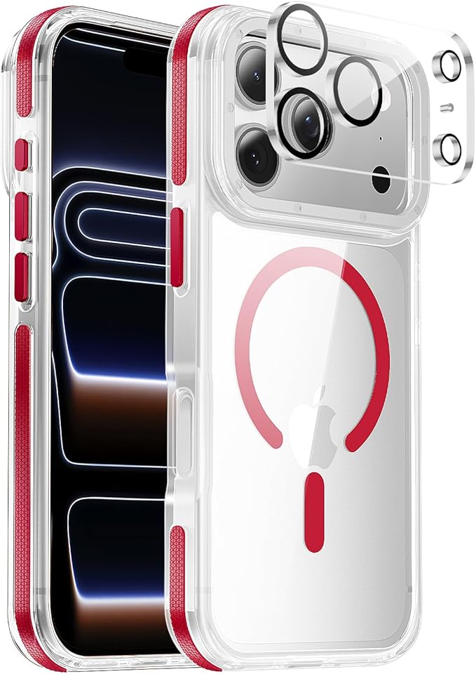 Strong Magnetic for iPhone 17 Pro Max case [10Ft Military-Grade Protection] Compatible with fit MagSafe Shockproof Slim Thin Cover case for iPhone 17 Pro Max 6.9 inch, Clear Red