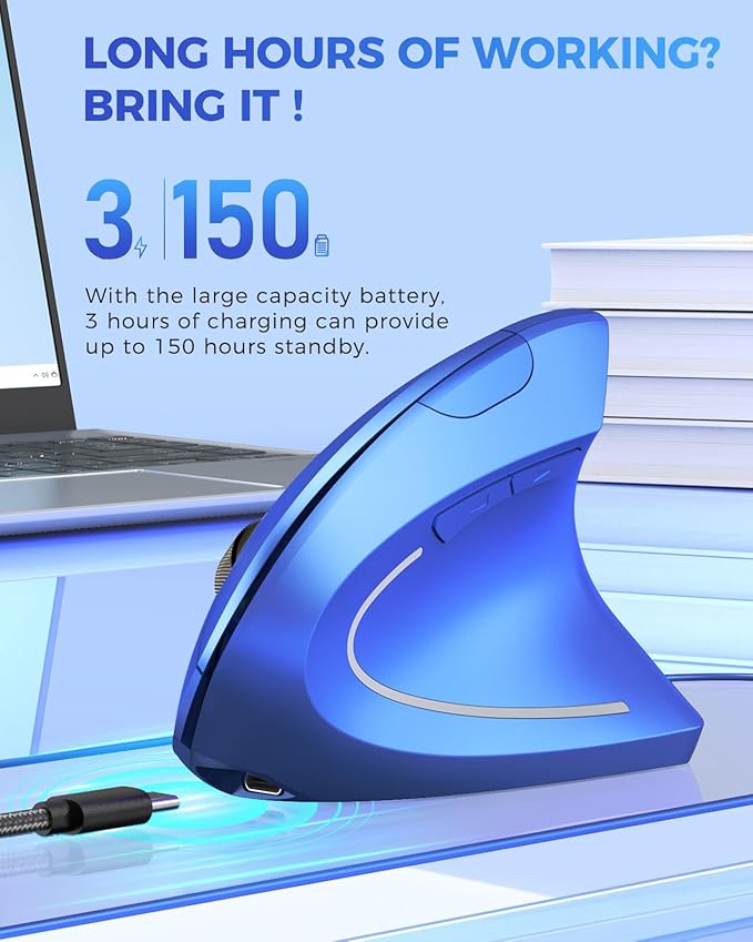 Lekvey Ergonomic Mouse, Vertical Wireless Mouse Rechargeable 2.4G USB Optical Carpal Tunnel Mice : 3 DPI 800/1200/1600 Levels 6 Buttons, for Laptop, PC, Mac, Computer, Desktop, Notebook etc, Blue