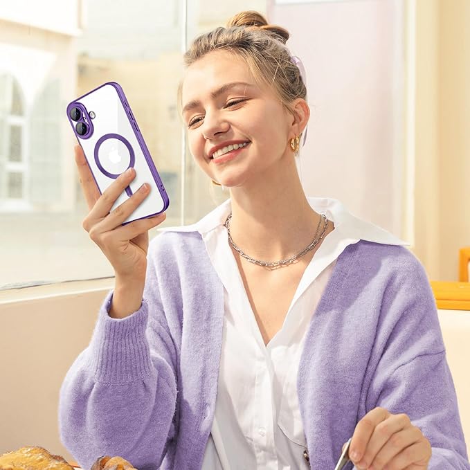 Hython Magnetic Clear for iPhone 16 Plus Case with Camera Lens Protector [Compatible with MagSafe] Luxury Plating Edge Slim Soft TPU Cover Protective Phone Case for iPhone 16 Plus, Matte Purple