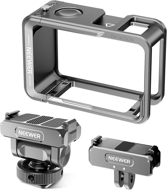 NEEWER Action Camera Cage Kit Compatible with DJI Osmo Action 5 Pro 4 3 DJI Mic, Protective Frame Accessories with Quick Release Cold Shoe Mount & Magnetic Mount Adapter, AC011+AC012+ AC014