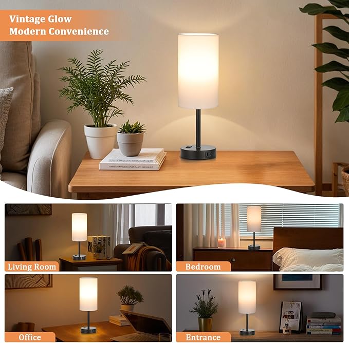 PartageiZ 17.4inches Tall White Bedroom Lamps Set of 2-3 Way Dimmable Touch Table Lamps with USB C and A Ports, Lamps for Nightstand with AC Outlet, Desk Lamps with Black Base for Office