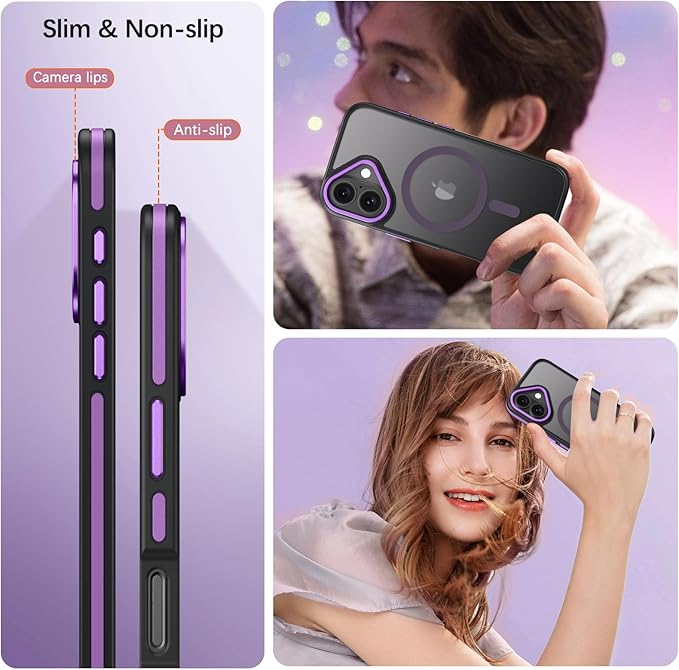 YINLAI Case for iPhone 16 Plus 6.7-Inch, iPhone 16 Plus Phone Case Magnetic [Compatible with Magsafe] Slim Translucent Matte Men Women Girls Shockproof Protective Back Cover, Black/Purple