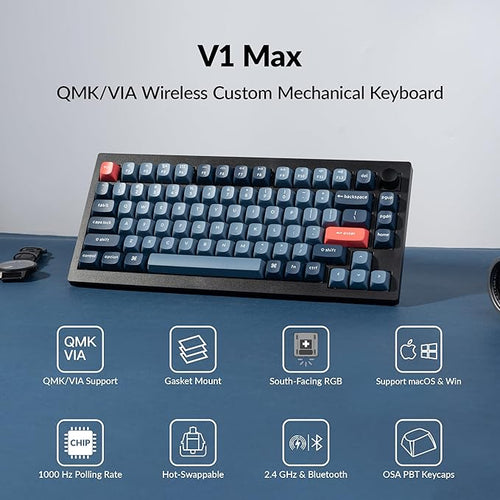 Keychron V1 Max 75% RGB Custom Mechanical Keyboard, 2.4Ghz/Bluetooth 5.1/Wired QMK/VIA Programmable Macro, Hot-Swappable Gateron Jupiter Brown Switch Gasket Mount for Mac Windows Linux