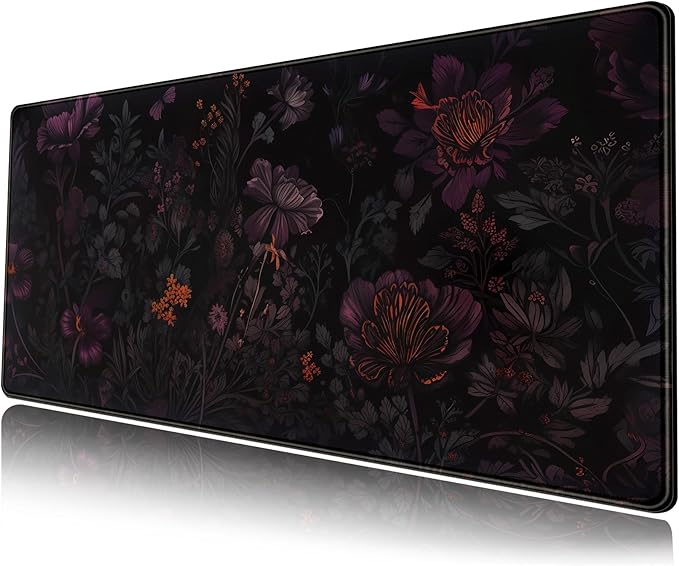 Dark Cottagecore Desk Mat Black Purple Flower XL Mouse Pad Large Gaming Mousepad Extended Vintage Aesthetic Desk Pad Keyboard Mouse Mat 31.5 x 11.8 in for Work Game Office Decor