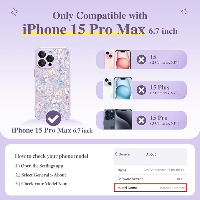 GVIEWIN for iPhone 15 Pro Max Case Compatible with MagSafe, [Military Grade Protection] [Screen Protector] Full Camera Protection Floral Translucent Women Magnetic Phone Case, Apricot Blossom/Purple
