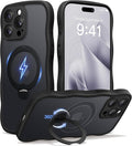 CAPRARO for iPhone 15 Pro Max Case with 360° Spin Magnetic Stand for Women, [Compatible with MagSafe] [Full Camera Protection] Cute Wave Translucent Matte Case for iPhone 15 Pro Max, Black