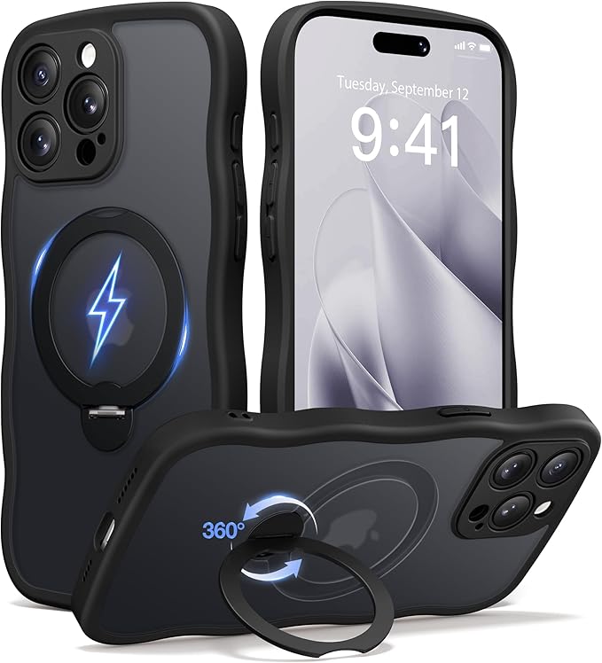 CAPRARO for iPhone 15 Pro Max Case with 360° Spin Magnetic Stand for Women, [Compatible with MagSafe] [Full Camera Protection] Cute Wave Translucent Matte Case for iPhone 15 Pro Max, Black