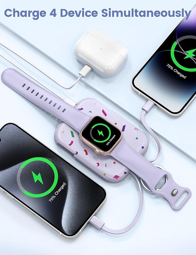 RORRY Portable Charger, 5000mAh Portable Charger Power Bank with Built-in Cables, Travel Keychain Battery Pack for Apple Watch Ultra/11/10/9/8/7/6/SE, iPhone Air/17/16/15/14/13/12, Confetti-Purple