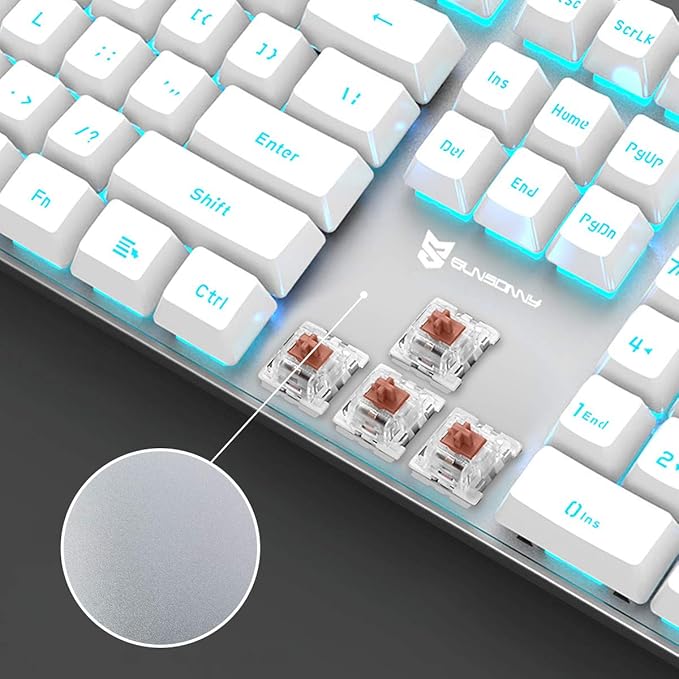 Merdia 104 Keys Full Size Mechanical PC Gaming Keyboard | Brown Switch Hot Swappable White Mechanical Wired Computer Keyboards | Ice Blue LED Backlit 104 Keys US Layout Light Up Wired Gaming Keyboard