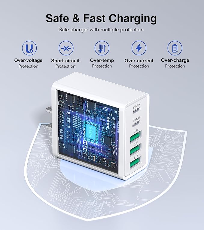 [2-Pack] USB C Wall Charger,50W 5-Port PD Fast USB C Charging Block,2USB C+3USB A Multiport Plug,Type C Power Adapter Brick Cube for iPhone 17/16/15/14/13/12/Pro Max/XS,iPad,for Switch,Samsung,Ultra 2