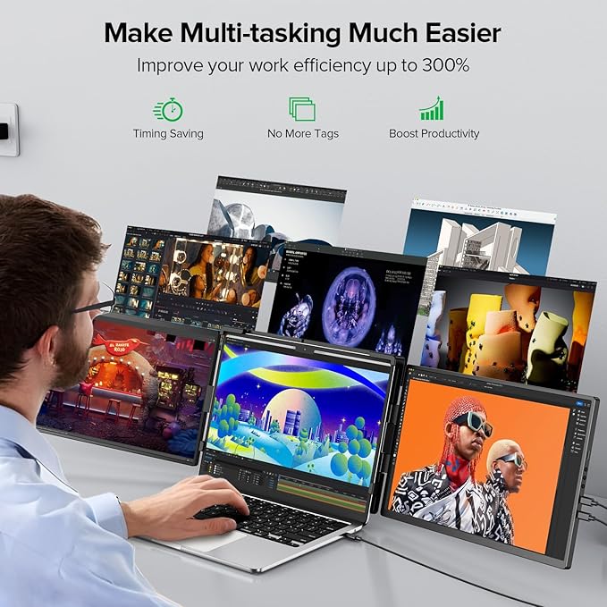 UPERFECT Laptop Screen Extender, 2K 14" 360° Patented Unique Swivel Hinge Triple Monitor, 2240x1400 QHD IPS Portable Dual Monitor for 13.3"-17.3'' Laptops, Plug & Play with Mac, Wins, Android