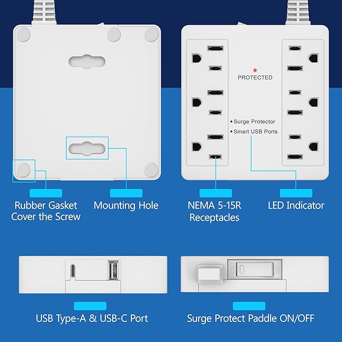 LIDER Surge Protected Outlet Extender, 6-Outlet Power Strip, 1 USB Type-A, and 1 USB Type-C Port, Surge Protect Up to 1500J, Ultra-Thin Wall Plate Plug with Cord Extender, 5ft Cord, ETL-Listed, White