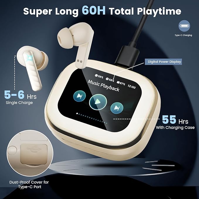 Wireless Earbuds with Smart Touch Screen Bluetooth in-Ear Headphones ANC Noise Cancelling Clear Calls 60H Playtime IPX5 Waterproof Earbuds for Sports Gym Work Travel