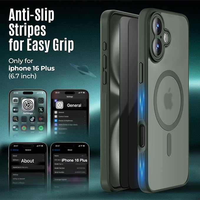 Symcele Designed for iPhone 16 Plus Case, Compatible with MagSafe, with Privacy Screen Protectors X2, [Camera Protection] [15FT Military Drop Protection] Shockproof Phone Case, 6.7", Alpine Green
