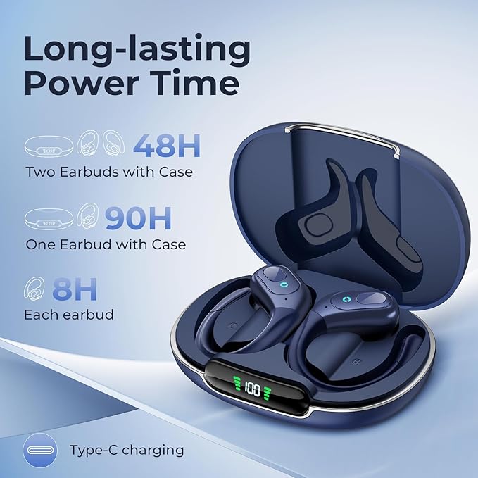 occiam Active Noise Cancelling Earbuds Wireless Bluetooth Headphones Ear Buds 90Hrs Playback Stereo Bass Earphones with Mic Over-Ear Hooks IPX7 Waterproof Headset for Work Sports (Deep Blue)