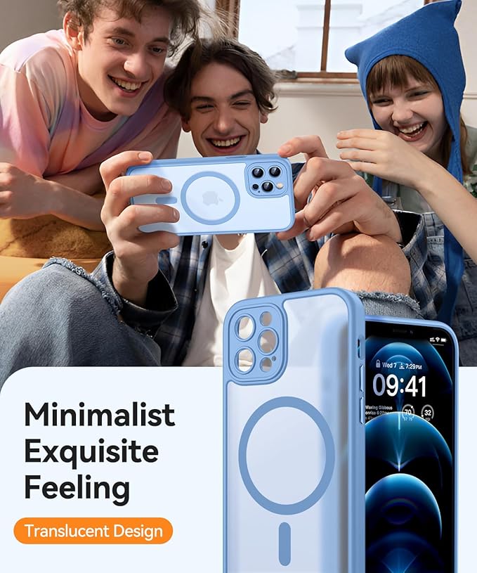 CANSHN Magnetic Compatible with iPhone 12 Pro Case, Upgraded [Full Camera Protection] [Compatible with Magsafe] [Translucent Matte] Shockproof Protective Phone Cover 6.1 Inch - Light Blue