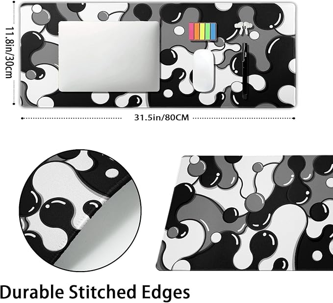Black White Grey Mouse Pad XL Anime Cool Geometric Japanese Extended Desk Mat 80X30cm Non-Slip Rubber Base Stitched Edge Large Mousepad for Desk Gaming Laptop Desktop,31.5×11.8 Inch