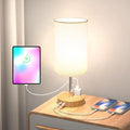 Small Bedside Table Lamp for Bedroom - 3 Way Dimmable Touch Lamp with USB Charging Station and AC Outlet, Wood Base & Fabric Linen Lampshade for Office, Living Room, Dorm, Wood-White, (LED Included)