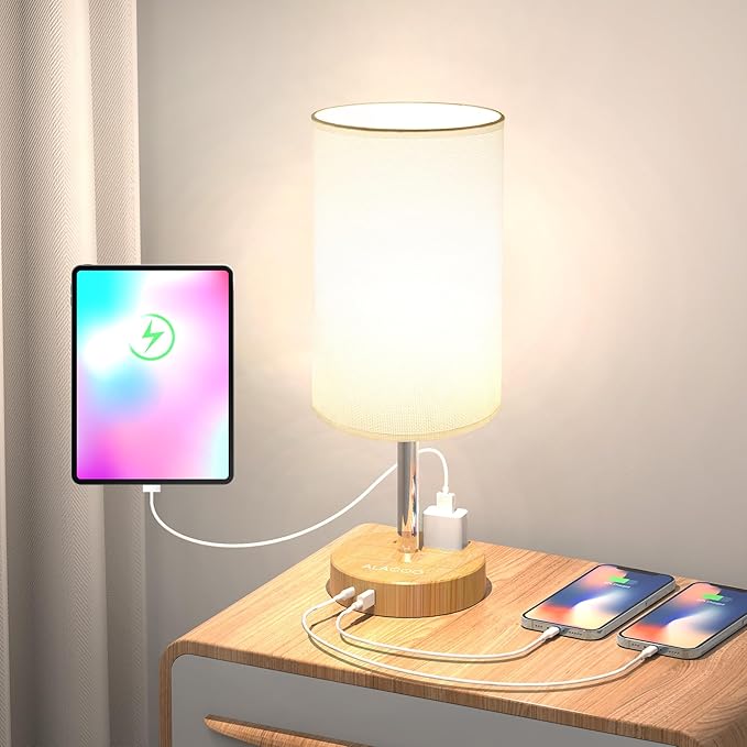 Small Bedside Table Lamp for Bedroom - 3 Way Dimmable Touch Lamp with USB Charging Station and AC Outlet, Wood Base & Fabric Linen Lampshade for Office, Living Room, Dorm, Wood-White, (LED Included)
