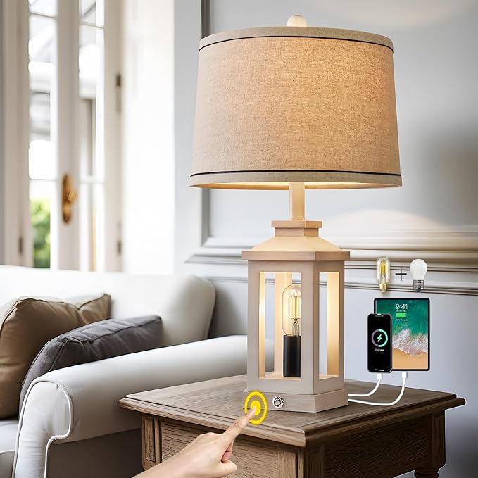 G-SAFAVA 23.75" Retro Farmhouse USB C+A Ports Table Lamp with 3 Way Dimmable Touch Control White Nightlight Vintage Modern Lamp for Living Room Bedroom with 2 Light Sources