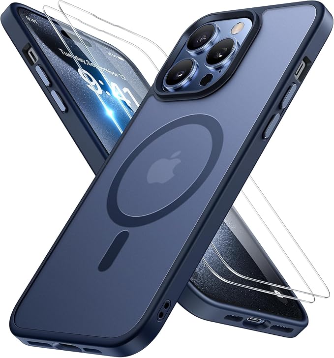 Miracase Magnetic for iPhone 13 Pro Max Case 6.7 inch (Compatible with MagSafe)（with 2X Screen Protectors） Military-Grade Protection, Anti-Fingerprint Translucent Matte Phone Case Cover, Dark Blue