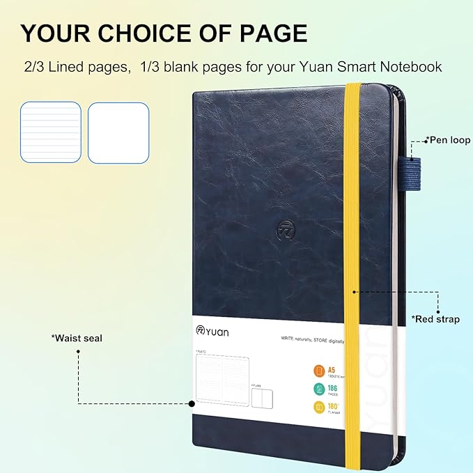 Yuan Smart Notebook, Smart Notebook with navy Hard Cover for Smart Pen Writing Set, 2/3 Lined Pages and 1/3 Blank Pages, 5.2" X 8.27", 94 Sheet/187 Pages, Yellow Elastic Closure and Bookmark