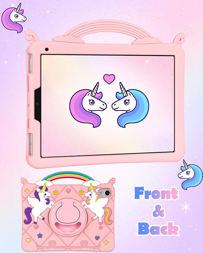 Uppuppy for iPad Mini 7 A17 Pro 2024/Mini 6 2021 Case 8.3 Inch - Cute Girls Kawaii Girly 3D Cartoon Teen Case with Rotating Stand & Strap Soft Silicone PK Unicorn Cover for iPad Mini 7th/6th Gen Funda