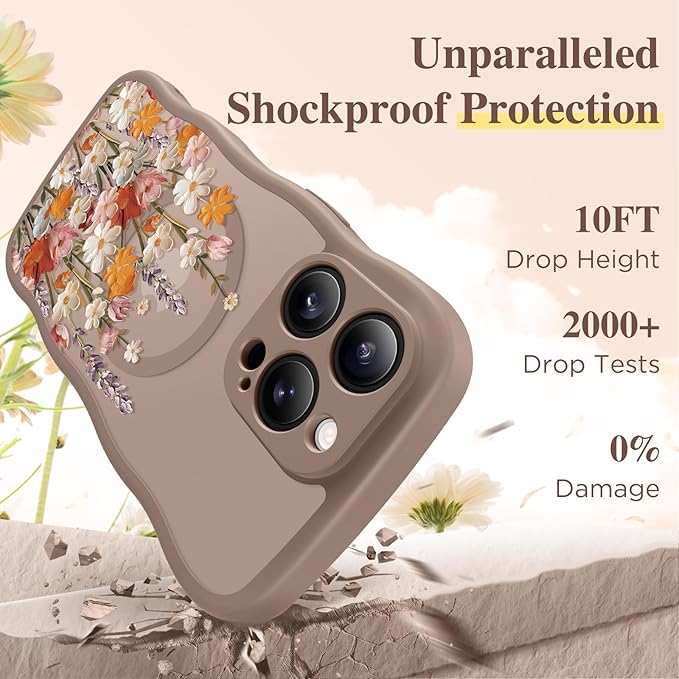 GVIEWIN for iPhone 15 Pro Case Compatible with MagSafe [Curly Wave Edge][Full Camera Protection] Floral Translucent Shockproof Magnetic Women Phone Case for iPhone 15 Pro 6.1'', Primrose/Brown