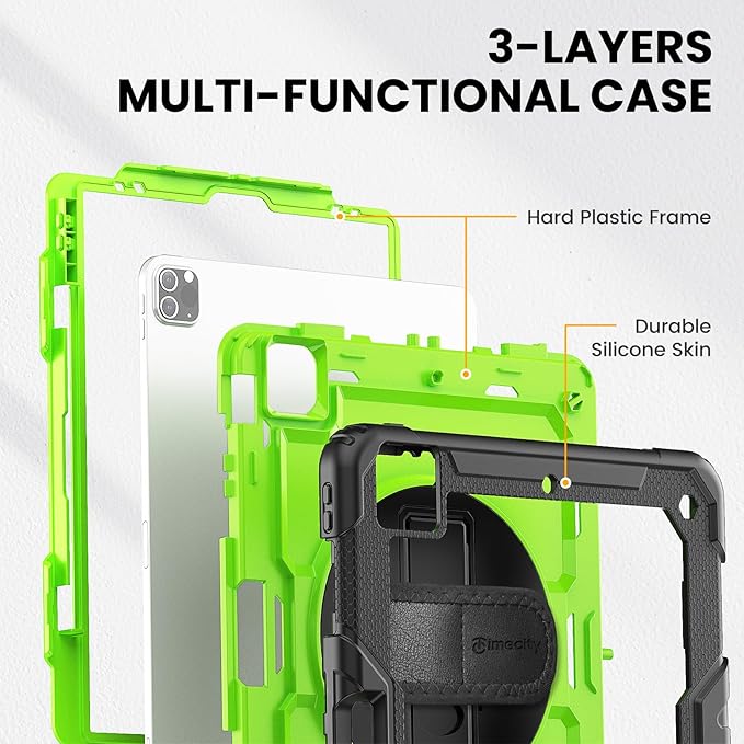 Timecity for iPad Pro 12.9 Case 6th/5th/4th/3rd Gen, 360° Rotating Stand, Pencil Holder & Wireless Charging, Shockproof with Screen Protector & Shoulder Strap - for Designers & Professionals - Green