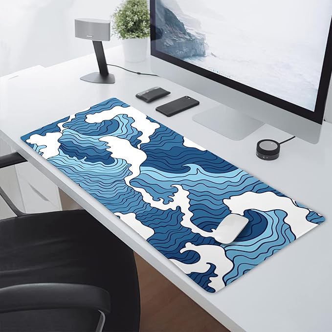 Japanese Blue and White Wave Gaming Mouse Pad XXL Anime Sea Texture Extended Large Desk Mat Big Mousepad Non-Slip Rubber Base Stitched Edge Long Mousepad for Desktop PC Computer Gamer, 35.4 x 15.7 in