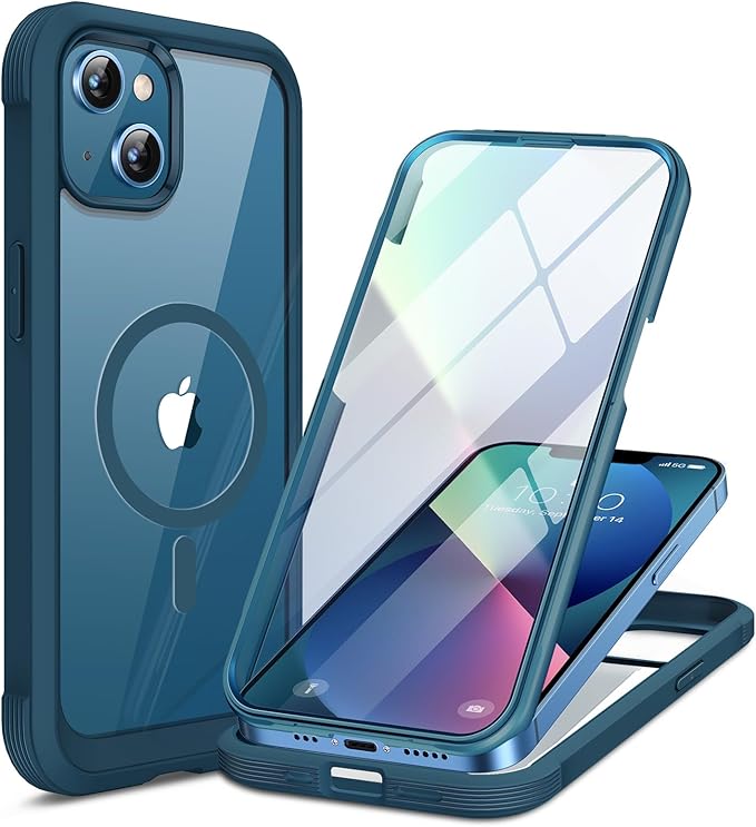Miracase for iPhone 13 Case 6.1'',Full-Body Magnetic Clear Bumper Case with Built-in 9H Tempered Glass Screen Protector,Military Drop Protection Outdoor Phone Case,Storm Blue