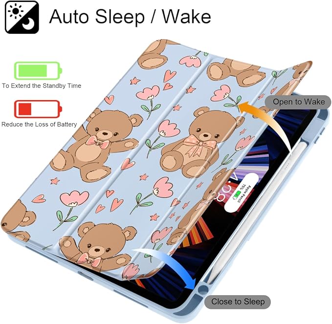 May Chen Case for iPad Pro 11-Inch M5/M4 2025/2024 (6th/5th Generation), [Penceil Holder] Trifold Stand Auto Wake/Sleep Clear TPU Protection Back Cover, Cute Teddy Bear