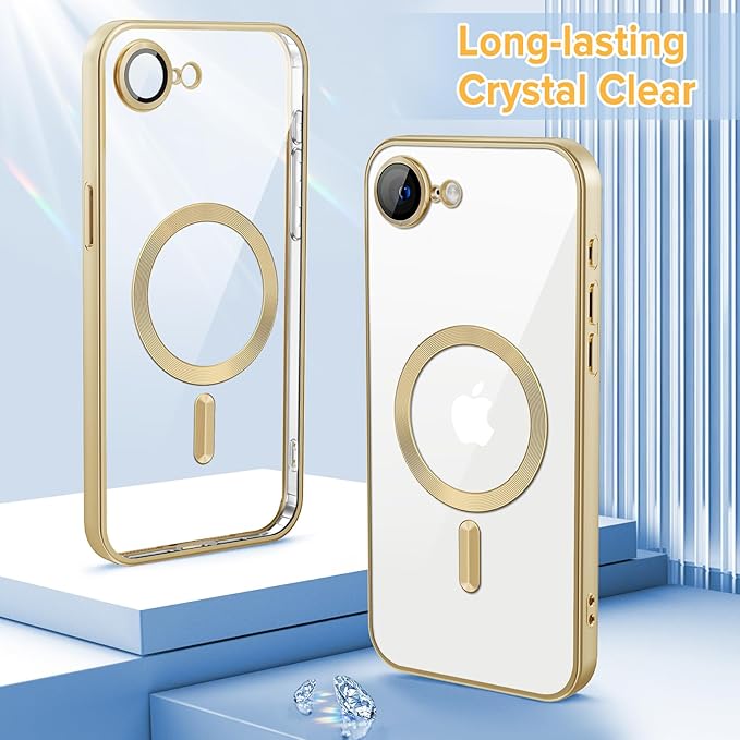 Hython Magnetic Clear for iPhone 16e Case with Camera Lens Protector [Compatible with MagSafe] Luxury Plating Edge Slim Soft TPU Cover Protective Phone Case for iPhone 16e 6.1", Matte Gold